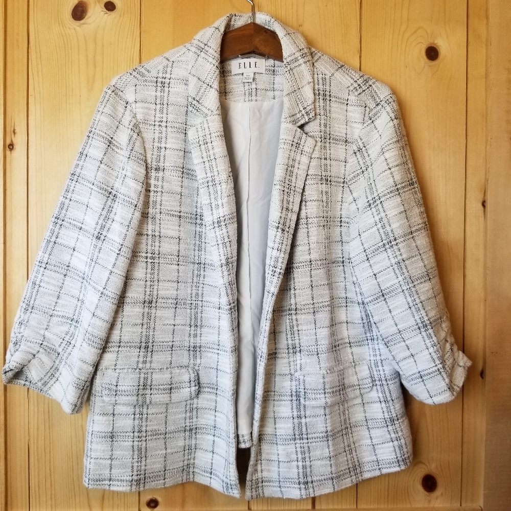 Elle Tweed Textured Checkered 3/4 Ruched Sleeve Lined Open Front Blazer